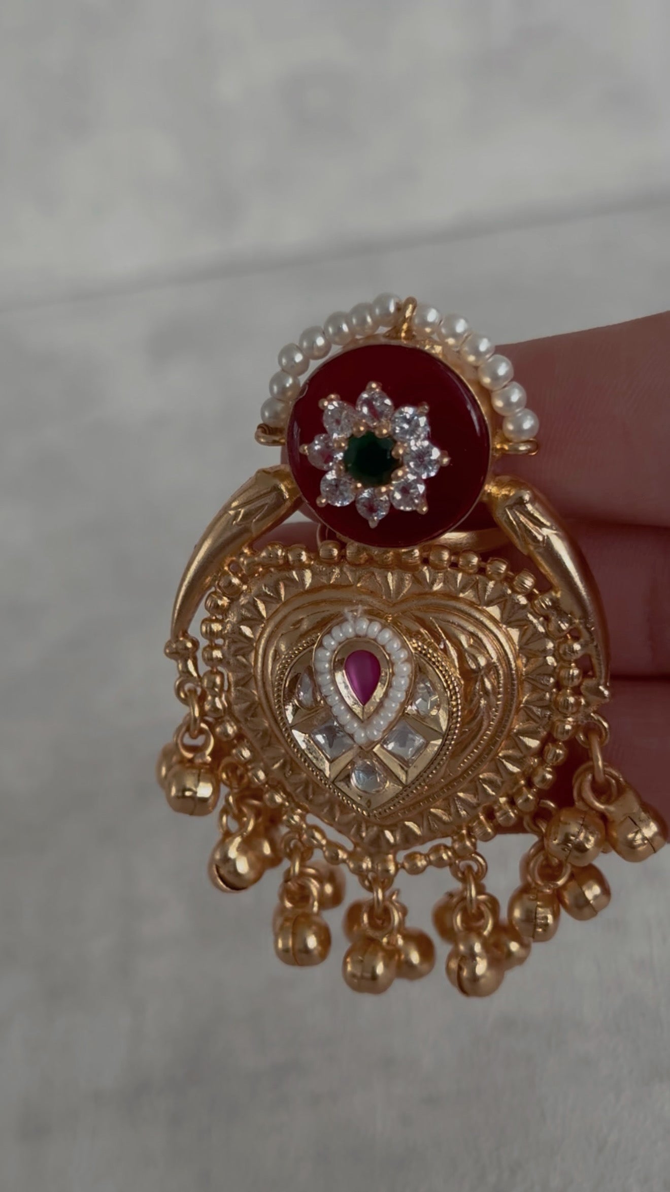 Ayura Designs Sorcha Adjustable Ring – Ruby Red Enamel, Pearl Detailing, Antique Gold & Mirror-Cut Stones