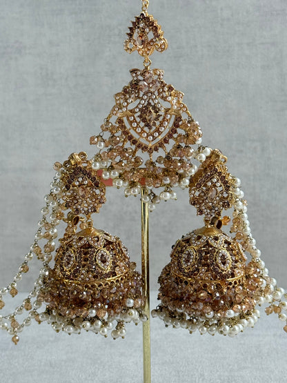 Ayura Designs Safia Tikka Set with Sahare Earrings – Champagne Gold Beads & Pearls