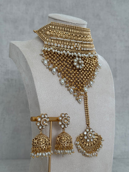 Ayura Designs Zuri Set with Tikka and Jhumkis - Antique Gold, Pearls and Kundan Work