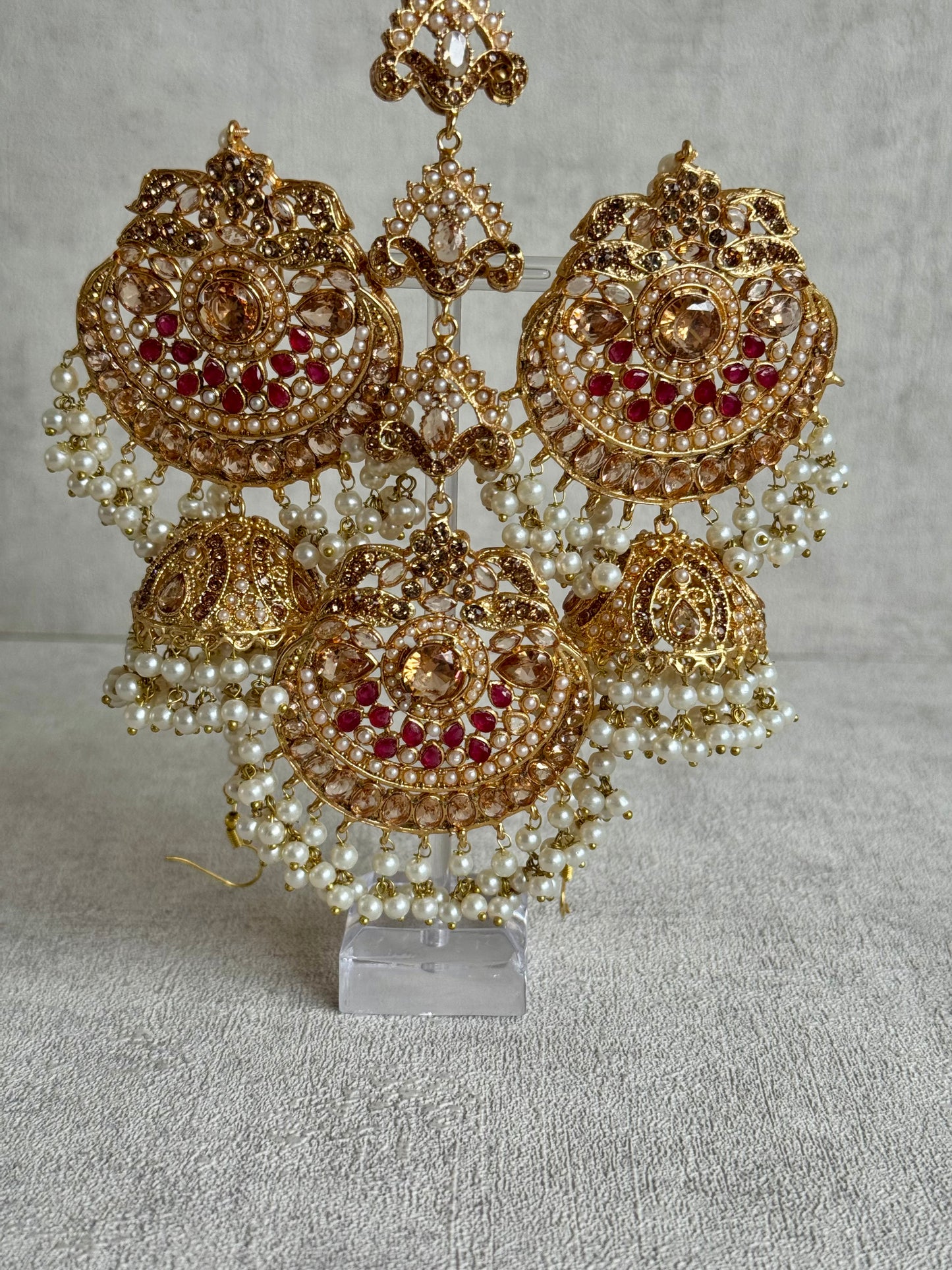 Ayura Designs Zarnigar Tikka Set with Sahare Jhumkis – Champagne & Ruby Stones with Pearl Detailing