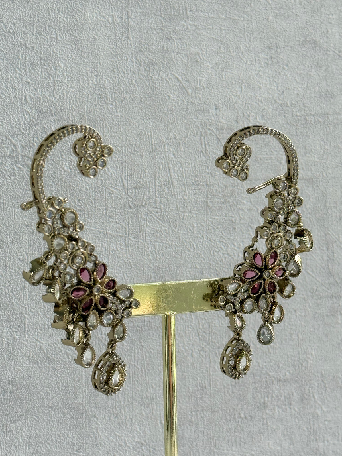 Ayura Designs Aksara Kaanphool Earrings – Rani Pink Stones, Kundan, Crystals & Antique Gold Finish
