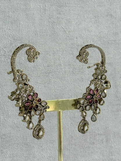 Ayura Designs Aksara Kaanphool Earrings – Rani Pink Stones, Kundan, Crystals & Antique Gold Finish