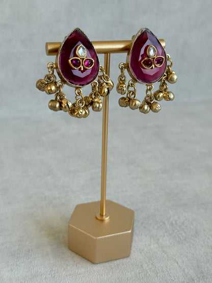 Ayura Designs Aykai Earrings – Ruby Pink Teardrop Stud Earrings with Clear Kundan Stones and Gold Ghungroo Drops