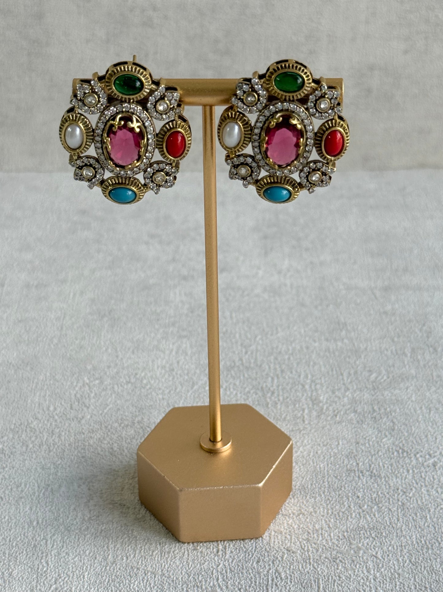 Ayura Designs Celia Stud Earrings – Rani Pink & Multicolour Stones with Gold Finish