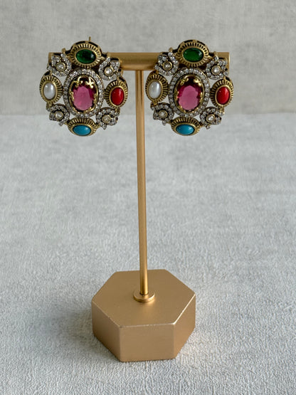 Ayura Designs Celia Stud Earrings – Rani Pink & Multicolour Stones with Gold Finish