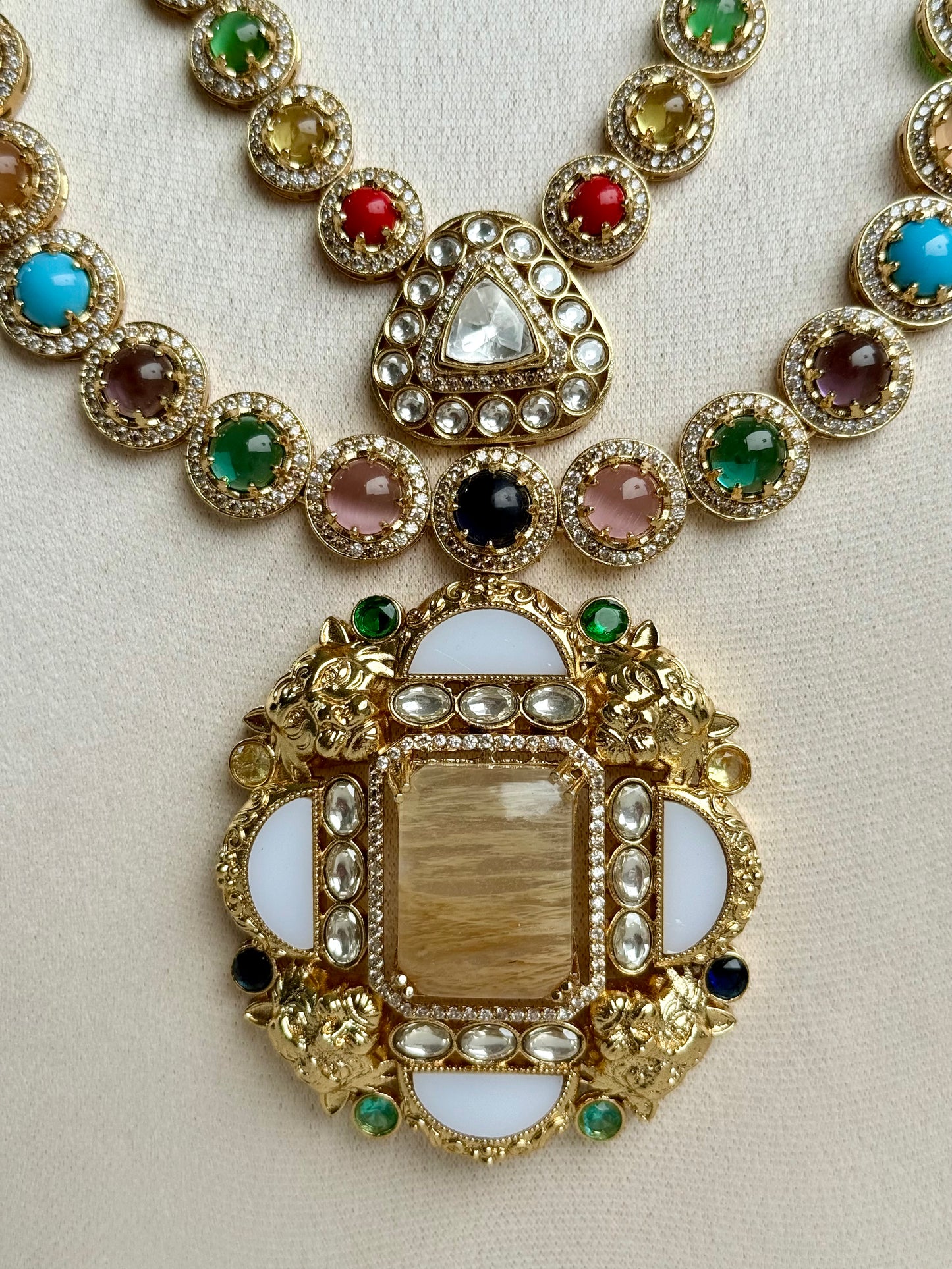 Ayura Designs Daphne Necklace Set with Statement Earrings – Gold Finish with Moissanite-Style Stones & Multicolour Accents