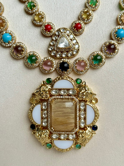Ayura Designs Daphne Necklace Set with Statement Earrings – Gold Finish with Moissanite-Style Stones & Multicolour Accents