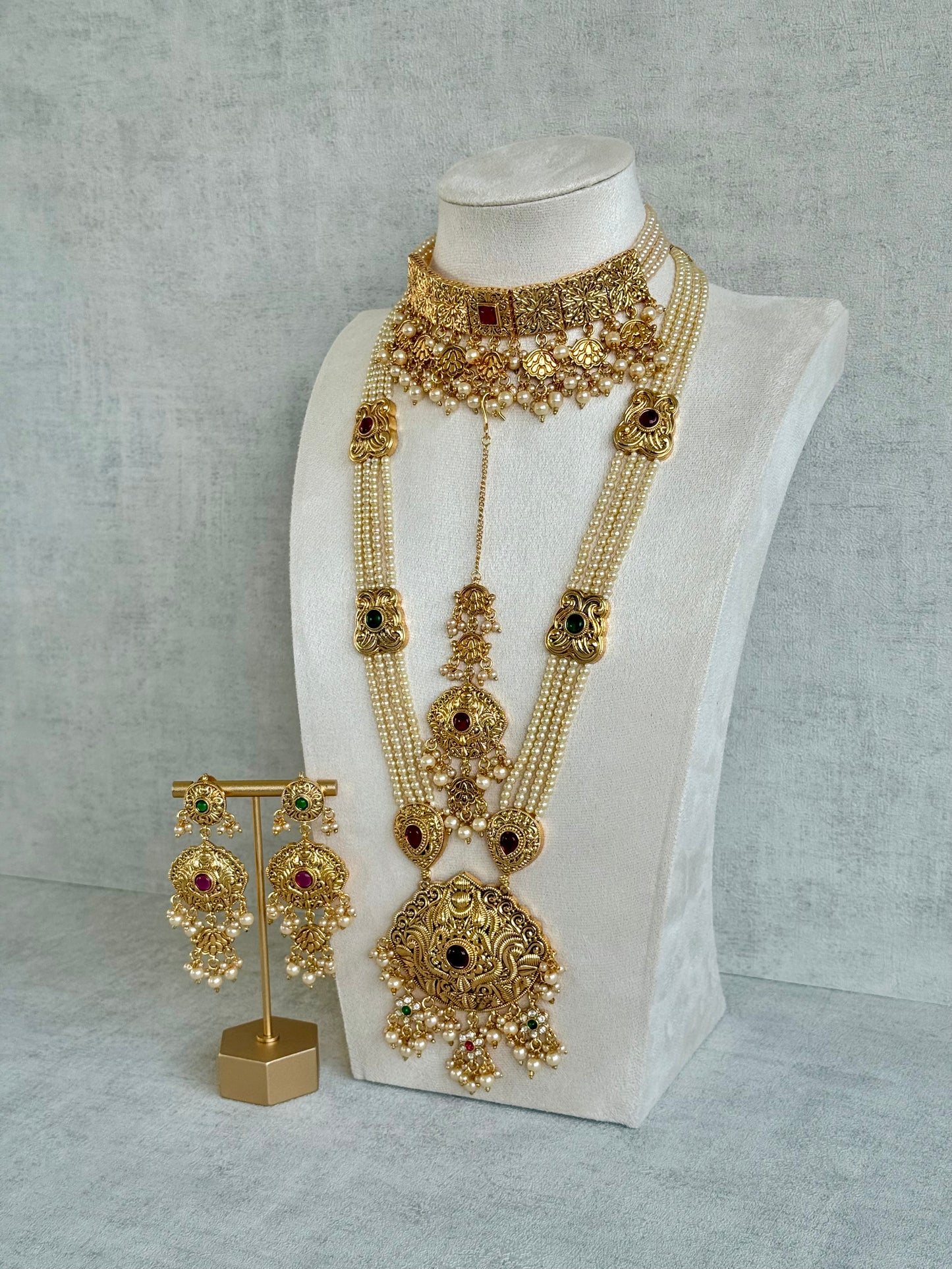 Ayura Designs Maharani Bridal Set with Choker, Haar, Earrings & Tikka – Antique Gold with Pink Stones & Pearl Detailing