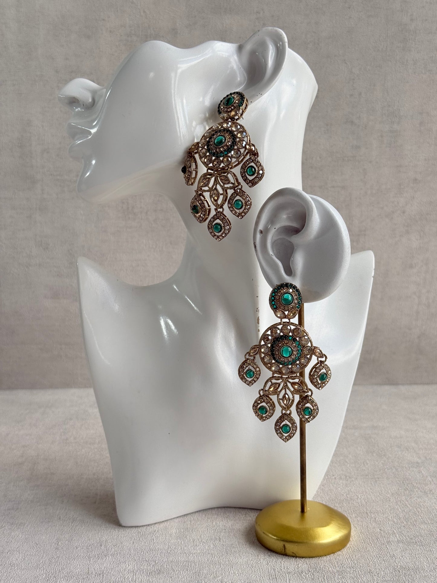 Ayura Designs Vanika Earrings – Teal Green & Champagne Crystal Gold Finish
