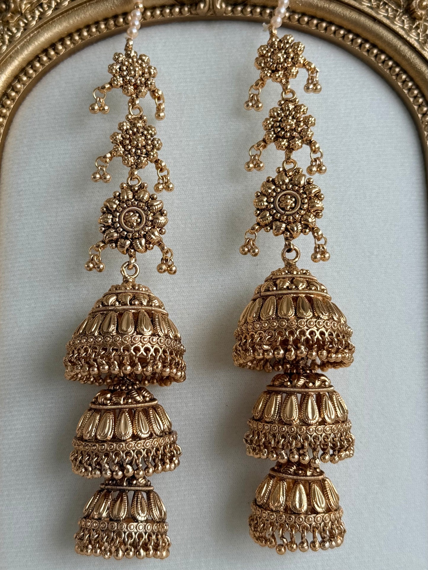 Ayura Designs Preet Sahare Jhumkis – Antique Gold Finish with Triple Dome Design
