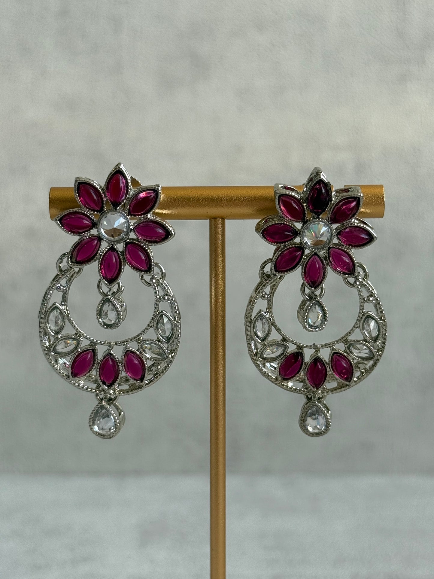 Ayura Designs Fareeha Set with Necklace, Earrings & Tikka – Mirror-Cut Stones, Fuchsia Floral Detailing & Silver Finish