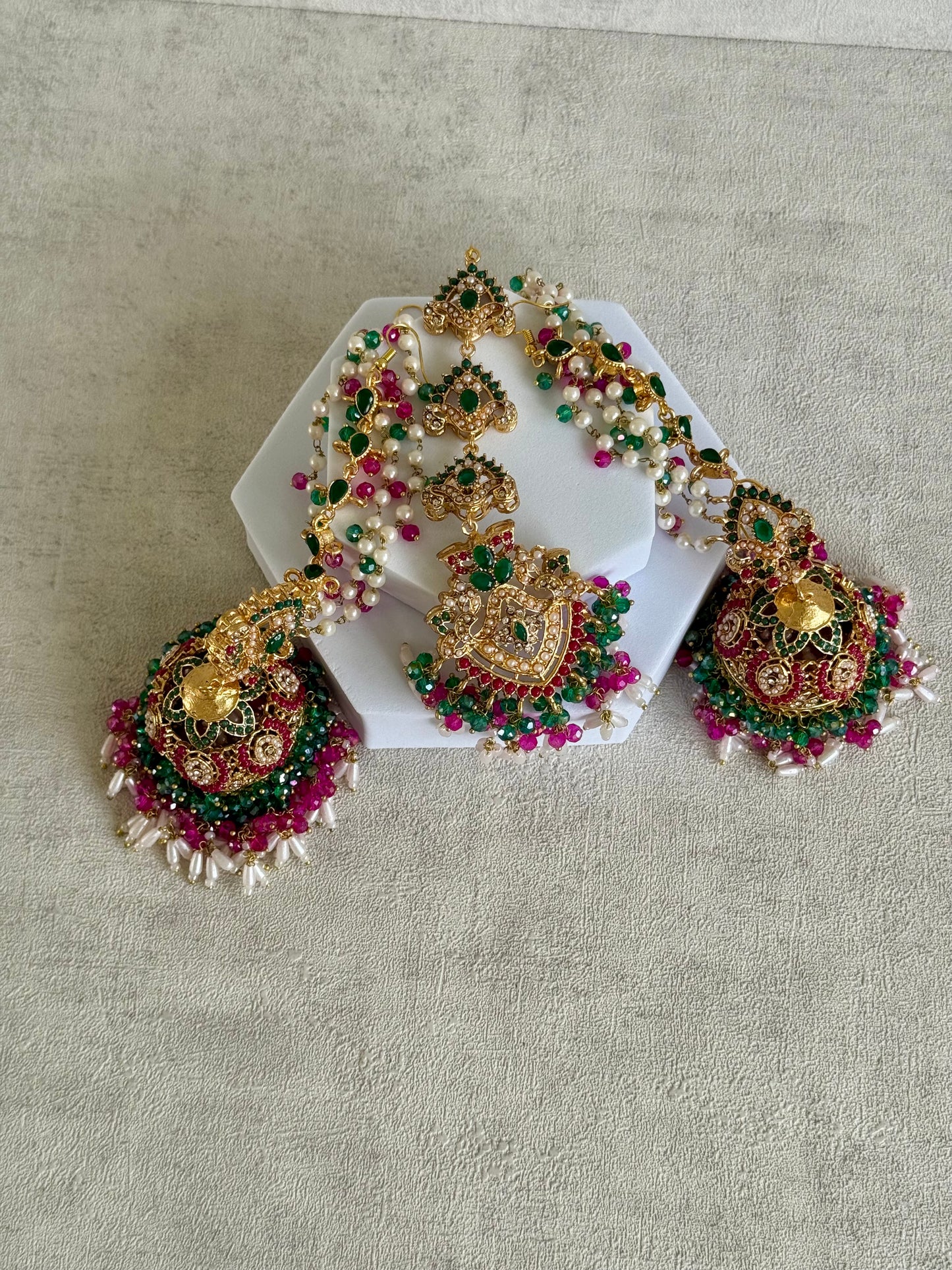 Ayura Designs Safia Tikka Set with Sahare Earrings – Multicolour (Emerald Green, Hot Pink & Ivory Beads)