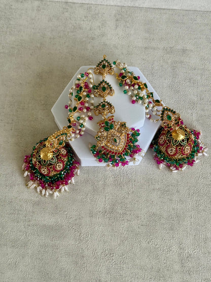 Ayura Designs Safia Tikka Set with Sahare Earrings – Multicolour (Emerald Green, Hot Pink & Ivory Beads)