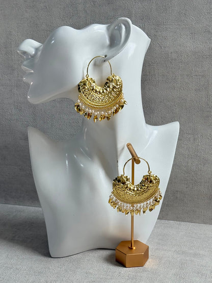 Ayura Designs Surkhab Balis – Pippal Patti Statement Earrings with Pearls & Gold Leaf Charms