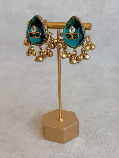Ayura Designs Aykai Earrings – Teal Carved Teardrop Stud Earrings with Clear Kundan Stones and Gold Ghungroo Drops