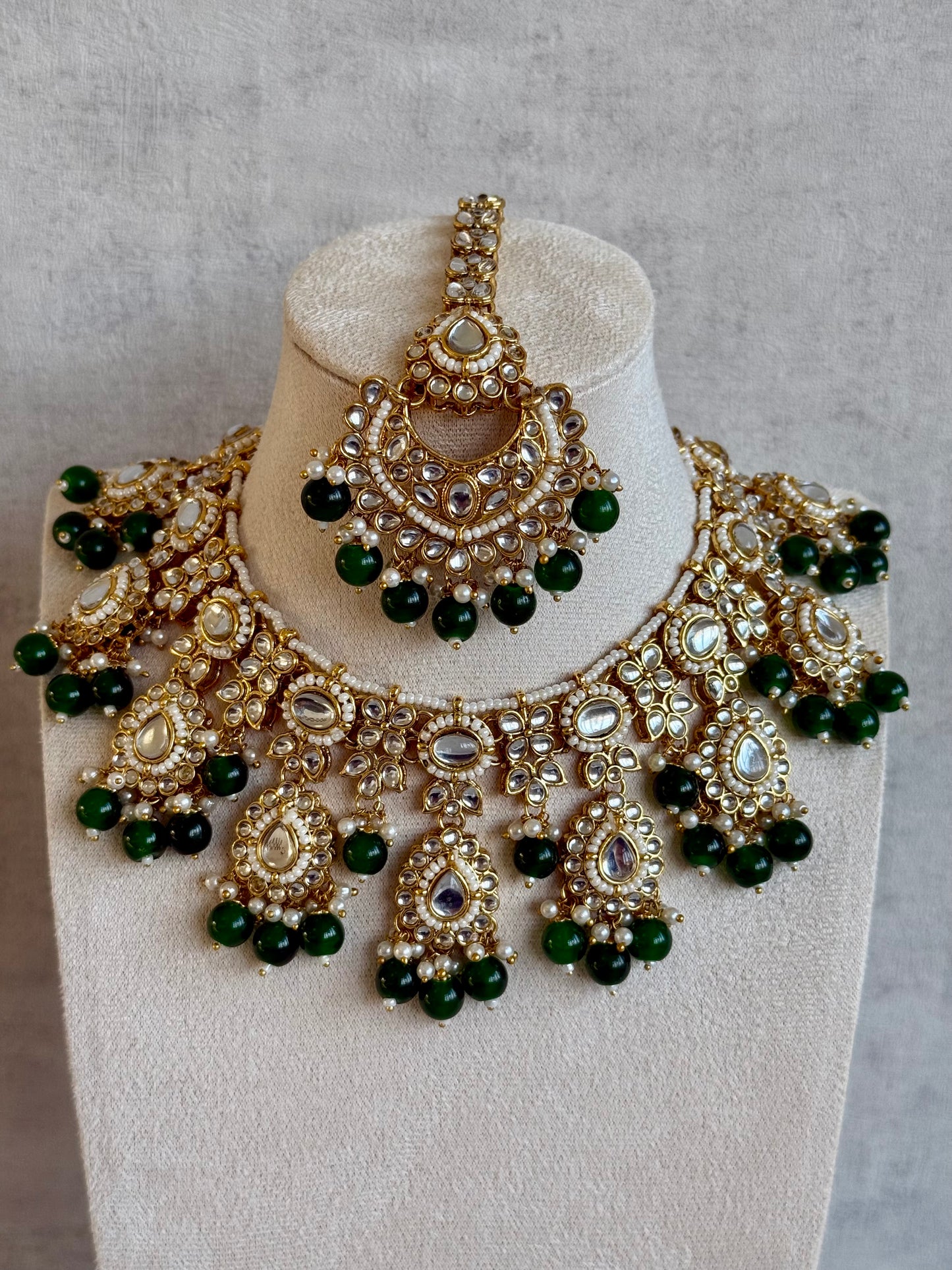 Ayura Designs Iyla Set with Necklace, Earrings & Tikka – Kundan Detailing, Ivory Pearl Drops & Emerald Beads