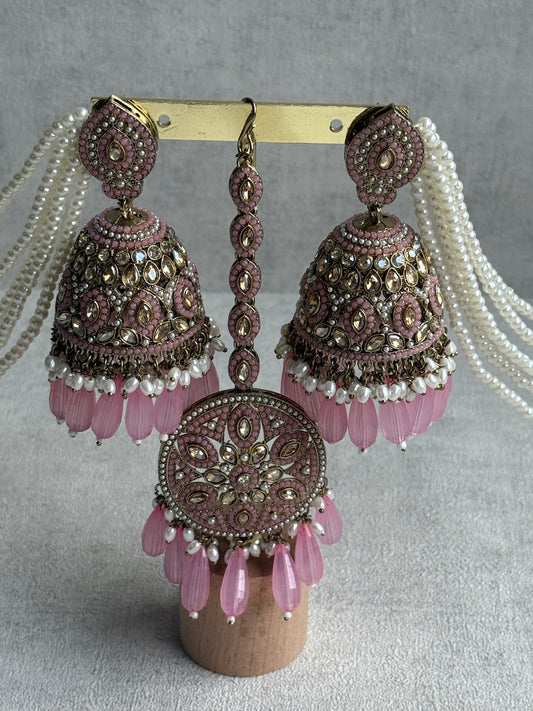 Ayura Designs Amrita Tikka Set – Jhumkis with Sahare & Tikka in Blush Pink, Pearls and Antique Gold Finish