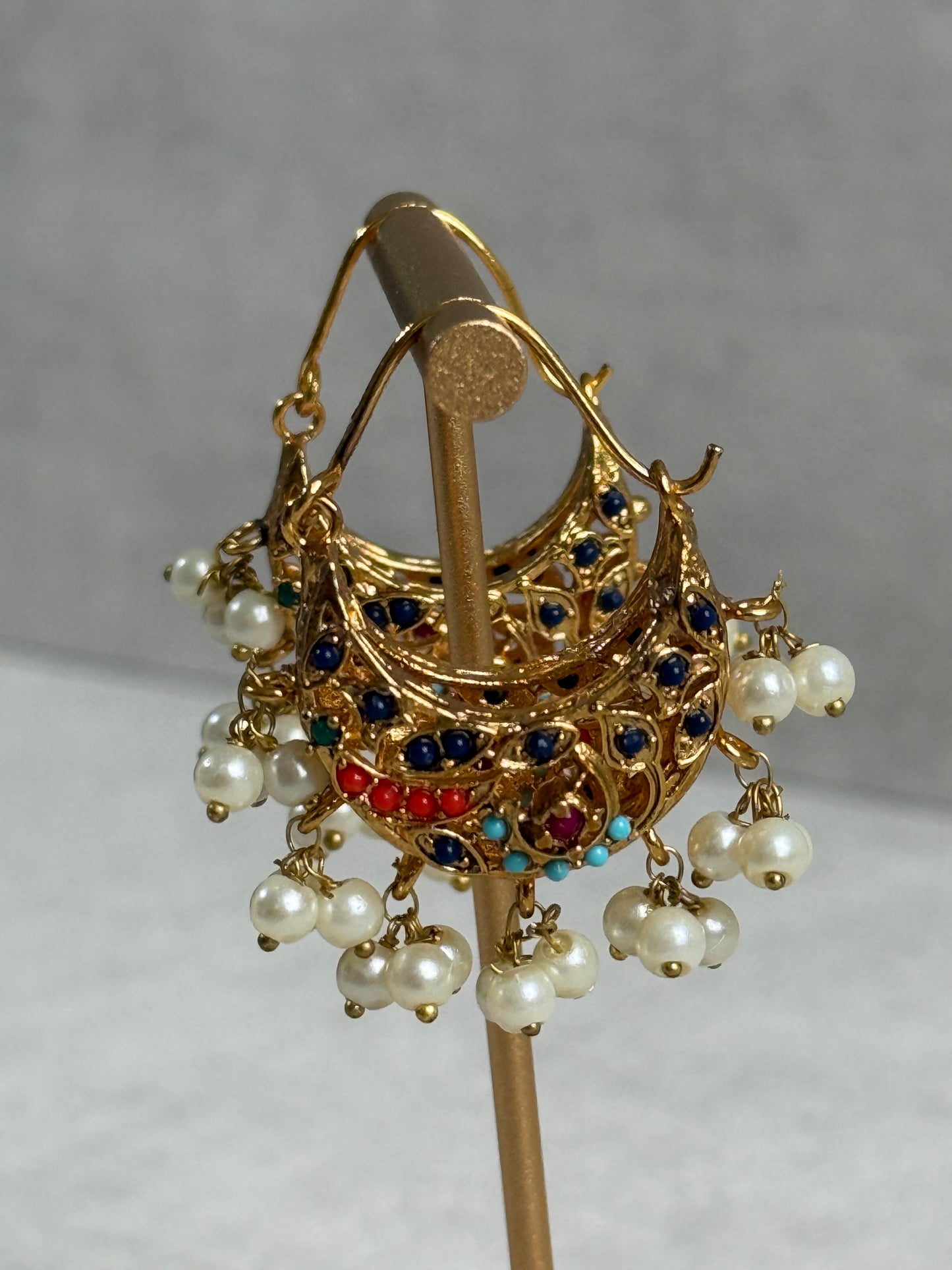 Ayura Designs Rasam Balis – Antique Gold Hoops with Multicolour Stones & Pearl Clusters