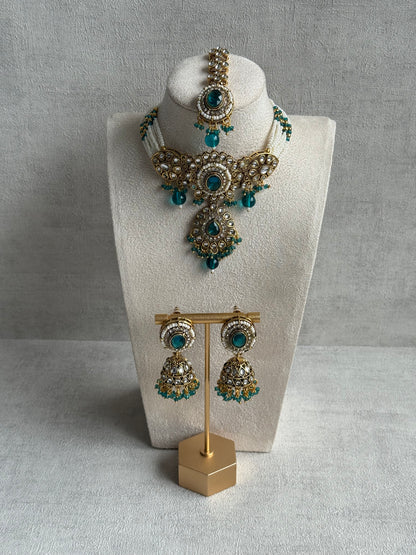 Ayura Designs Muskaan Set – Choker, Jhumkis & Tikka with Peacock Blue Beads, Kundan Stones & Antique Gold Finish