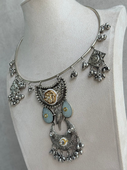 Ayura Designs Jiyana Collar Necklace Set – Dove Grey Carved Teardrop Stones & Oxidised Silver Finish