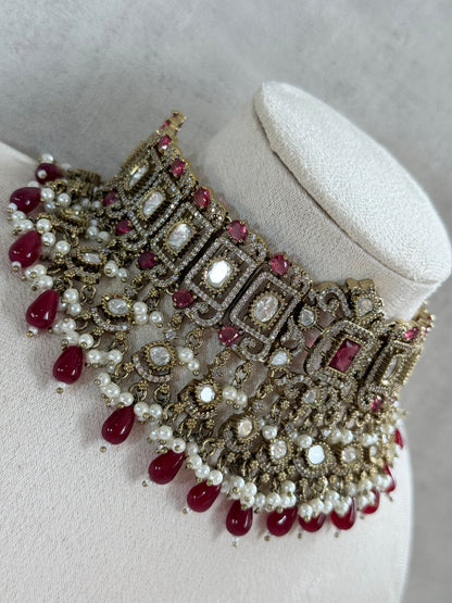 Ayura Designs Aisha Choker Set with Earrings & Tikka – Rani Pink Stones, Red Beads, Polki & Pearl Detailing