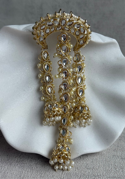 Ayura Designs Enjal Hair Brooch – Crescent Polki Design with Jhumki Tassels & Pearl Detailing