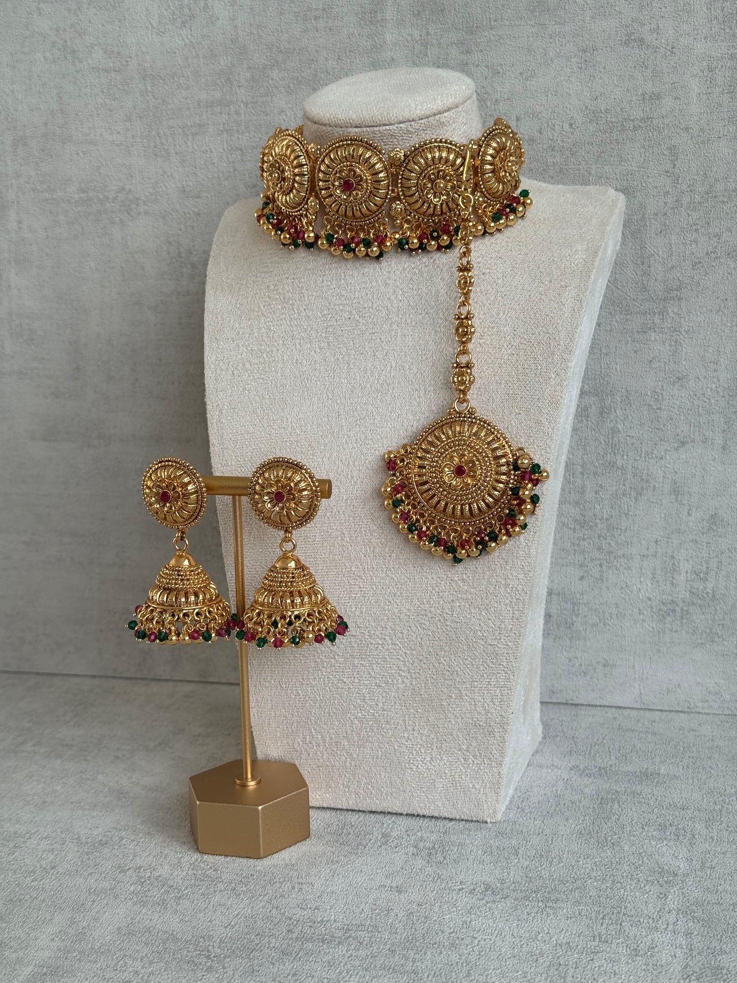 Ayura Designs Nooriya Choker Set with Jhumkis & Tikka – Antique Gold with Ruby, Emerald & Pearl Detailing