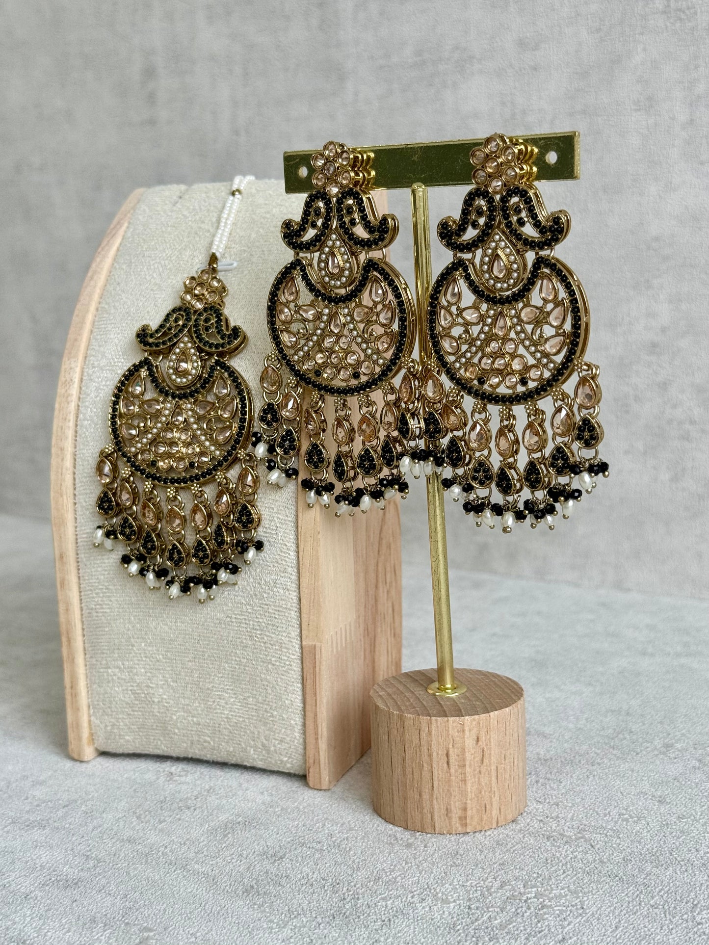 Ayura Designs Anvi Tikka Set with Earrings – Black with Champagne Stones & Pearl Drops