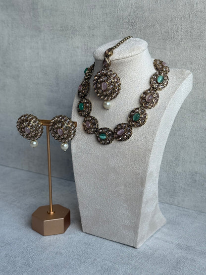 Ayura Designs Sania Set with Necklace, Earrings & Tikka – Mint & Blush Stones, Kundan Detailing & Antique Gold Finish