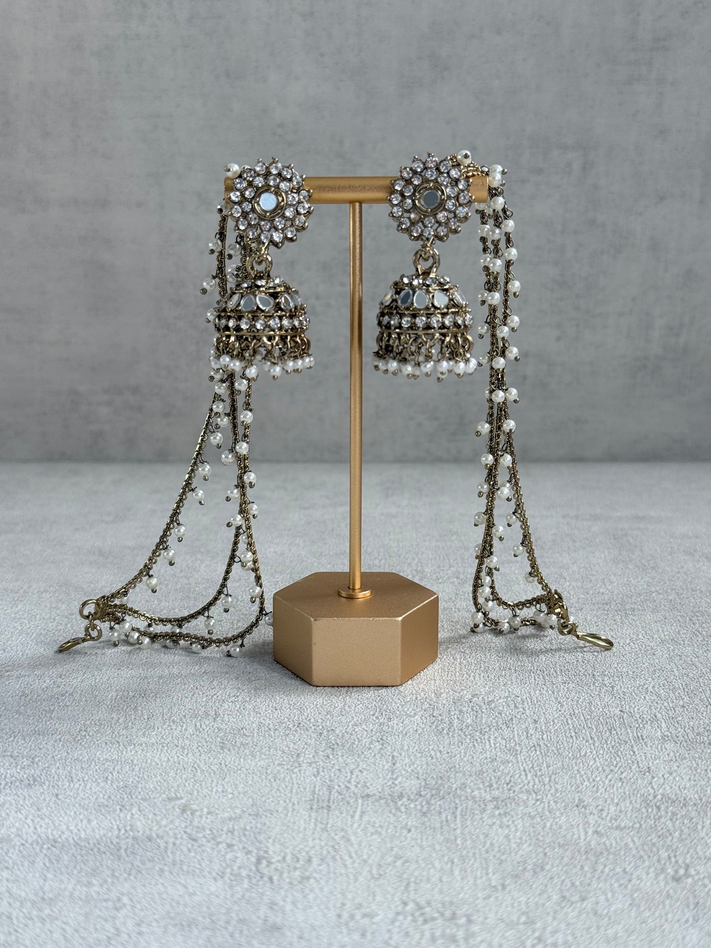 Ayura Designs Aks-e-Noor Jhumkis – Antique Gold Mirror & Crystal Earrings with Detachable Triple-Layer Pearl Sahare