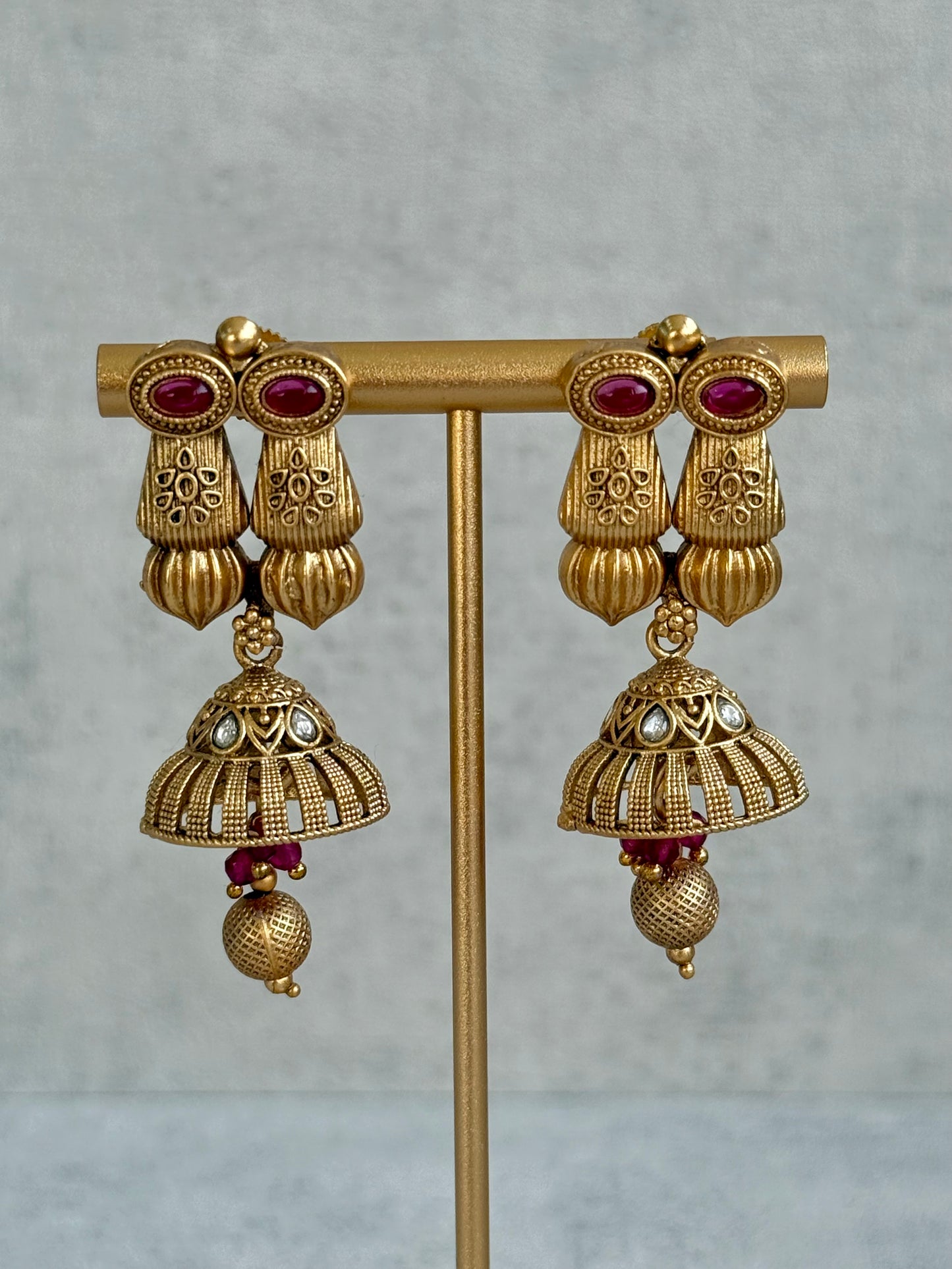 Ayura Designs Aima Necklace Set with Earrings – Antique Gold with Rani Pink Stones