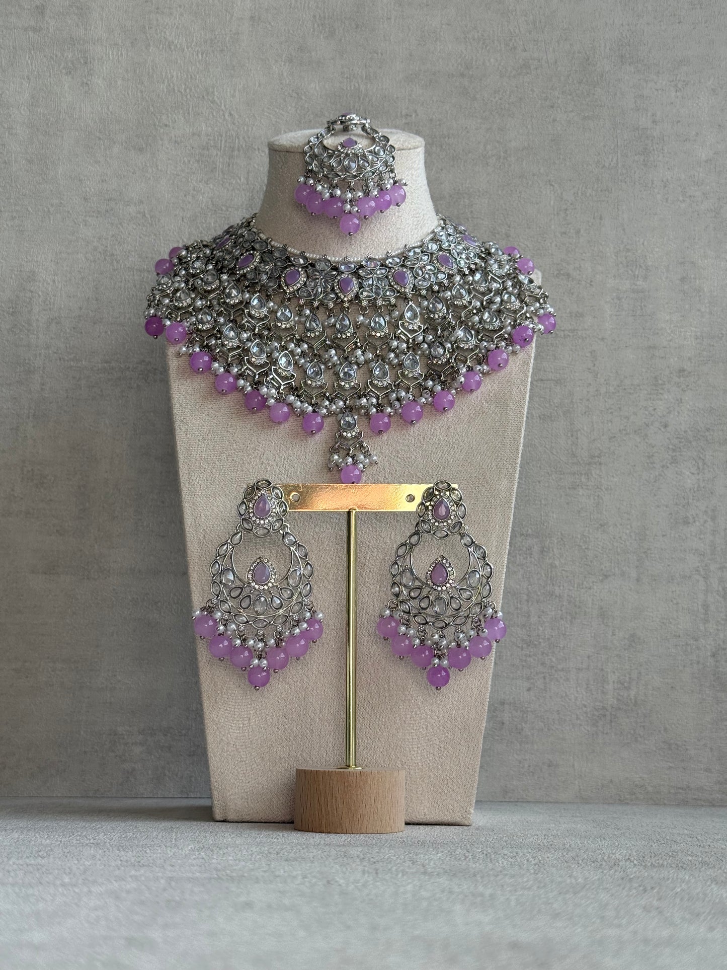 Ayura Designs Eknoor Set – Necklace, Tikka & Earrings with Lavender Beads, Pearls and Silver Finish