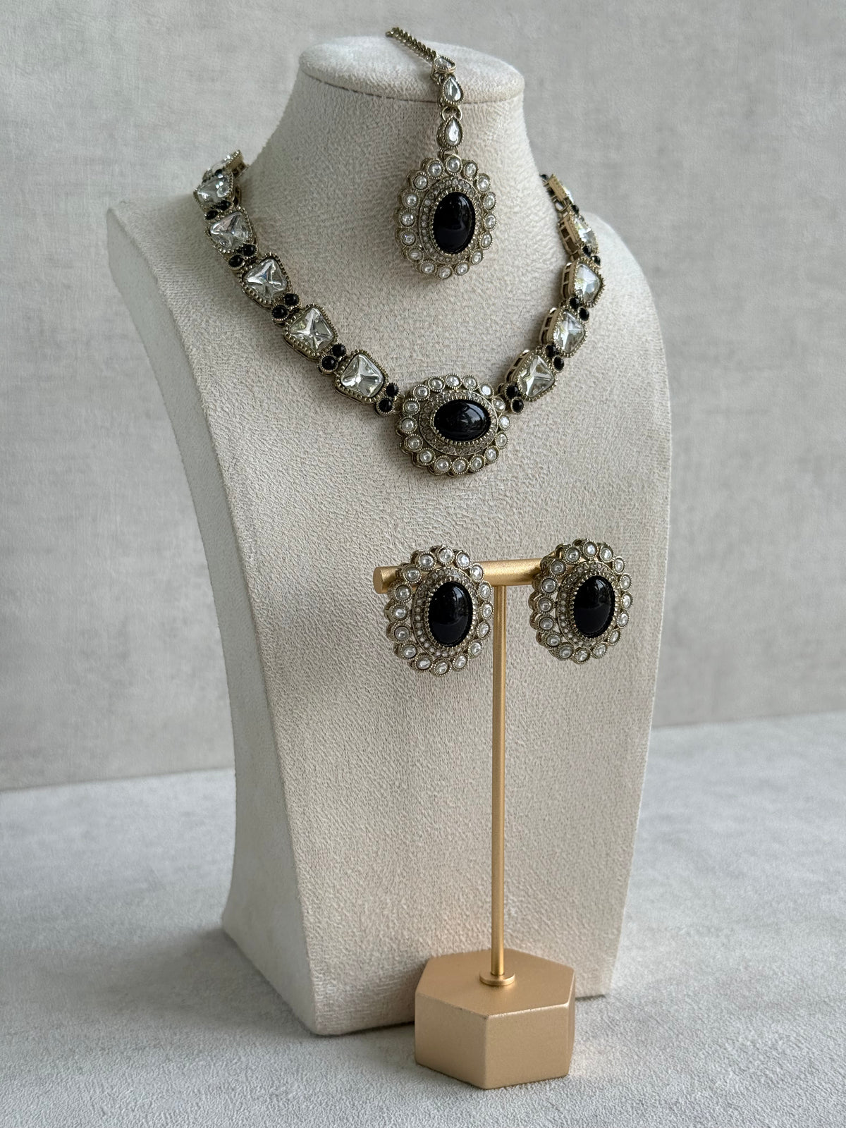 Ayura Designs Inza Necklace Set – Black Stones, Kundan & Crystals with Antique Gold Finish