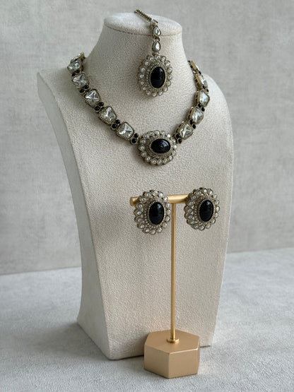 Ayura Designs Inza Necklace Set – Black Stones, Kundan & Crystals with Antique Gold Finish