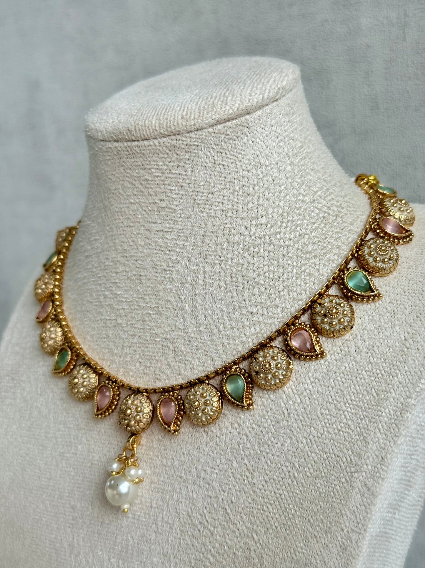 Ayura Designs Mayura Necklace Set with Earrings – Antique Gold Meenakari Motifs with Pearl Drop & Blush Pink and Mint Green Stones