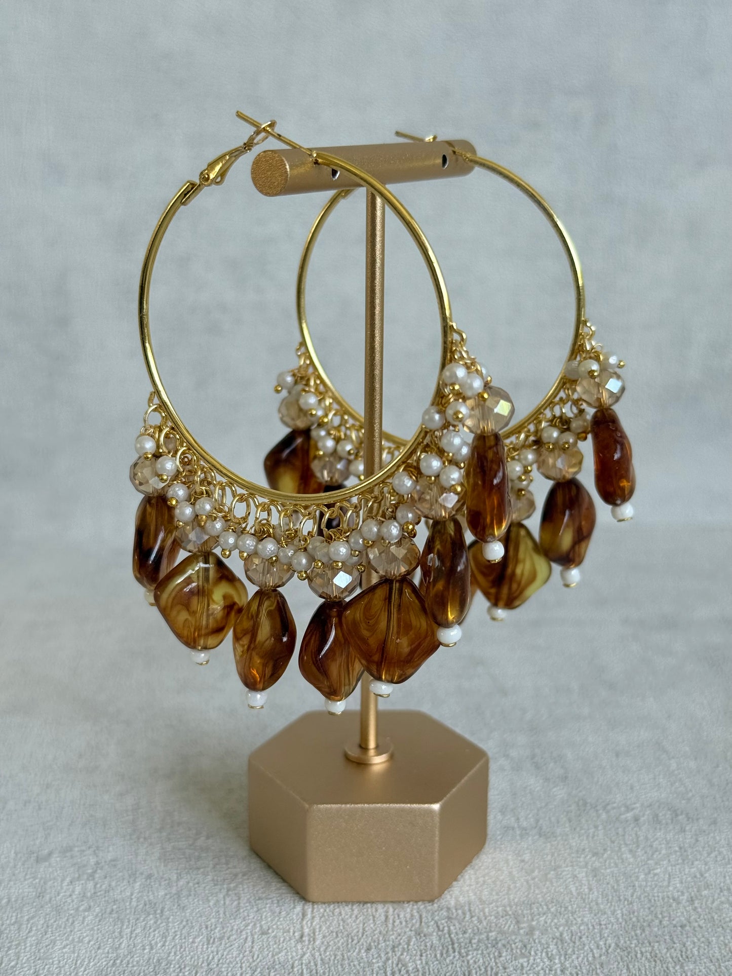 Ayura Designs Heer Balis – Gold Hoops with Smokey Amber Marble Beads, Pearls & Crystal Detailing