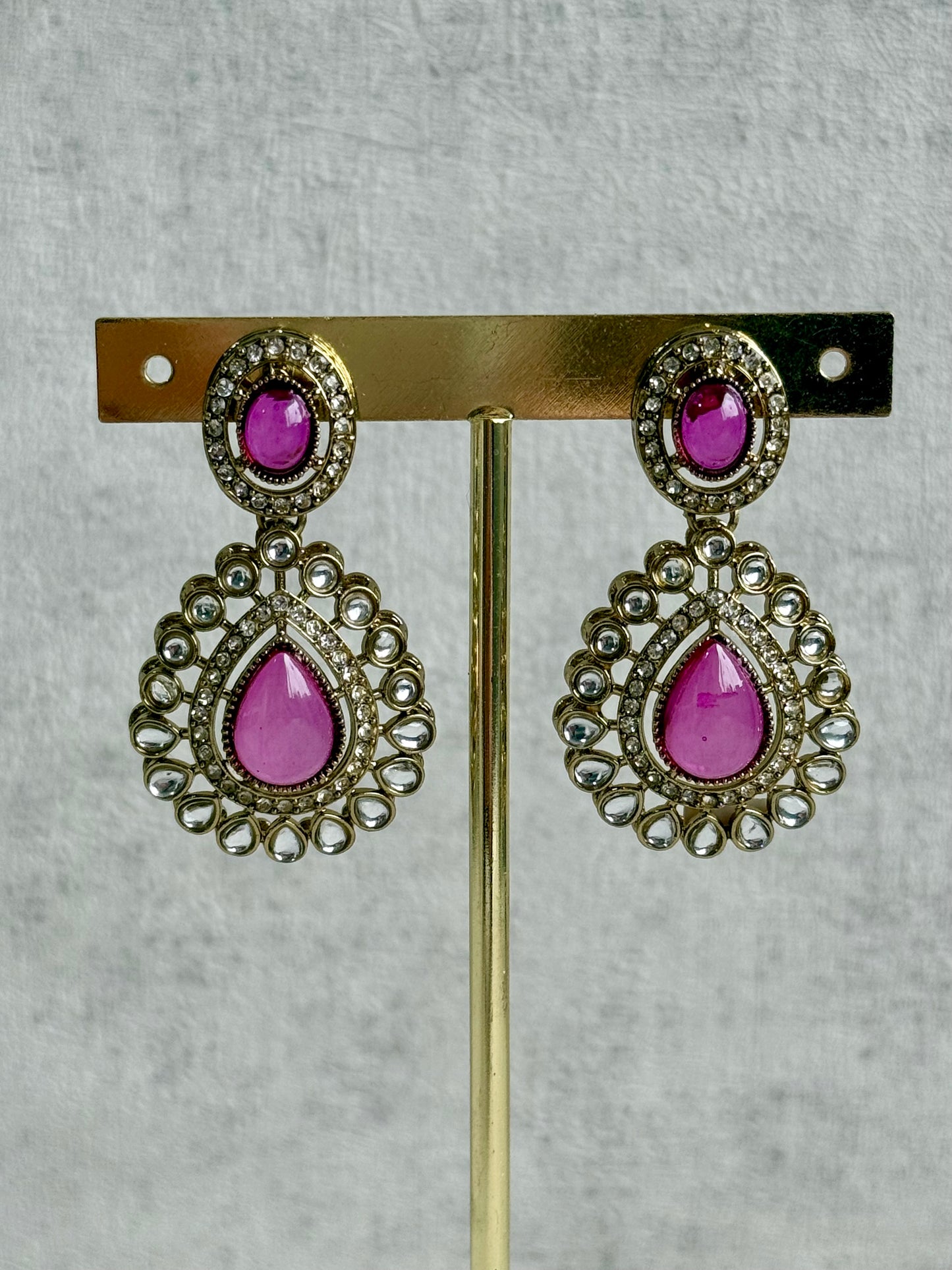 Ayura Designs Tamara Set with Necklace, Earrings & Tikka – Fuchsia Stones, Kundan Borders & Antique Gold Finish