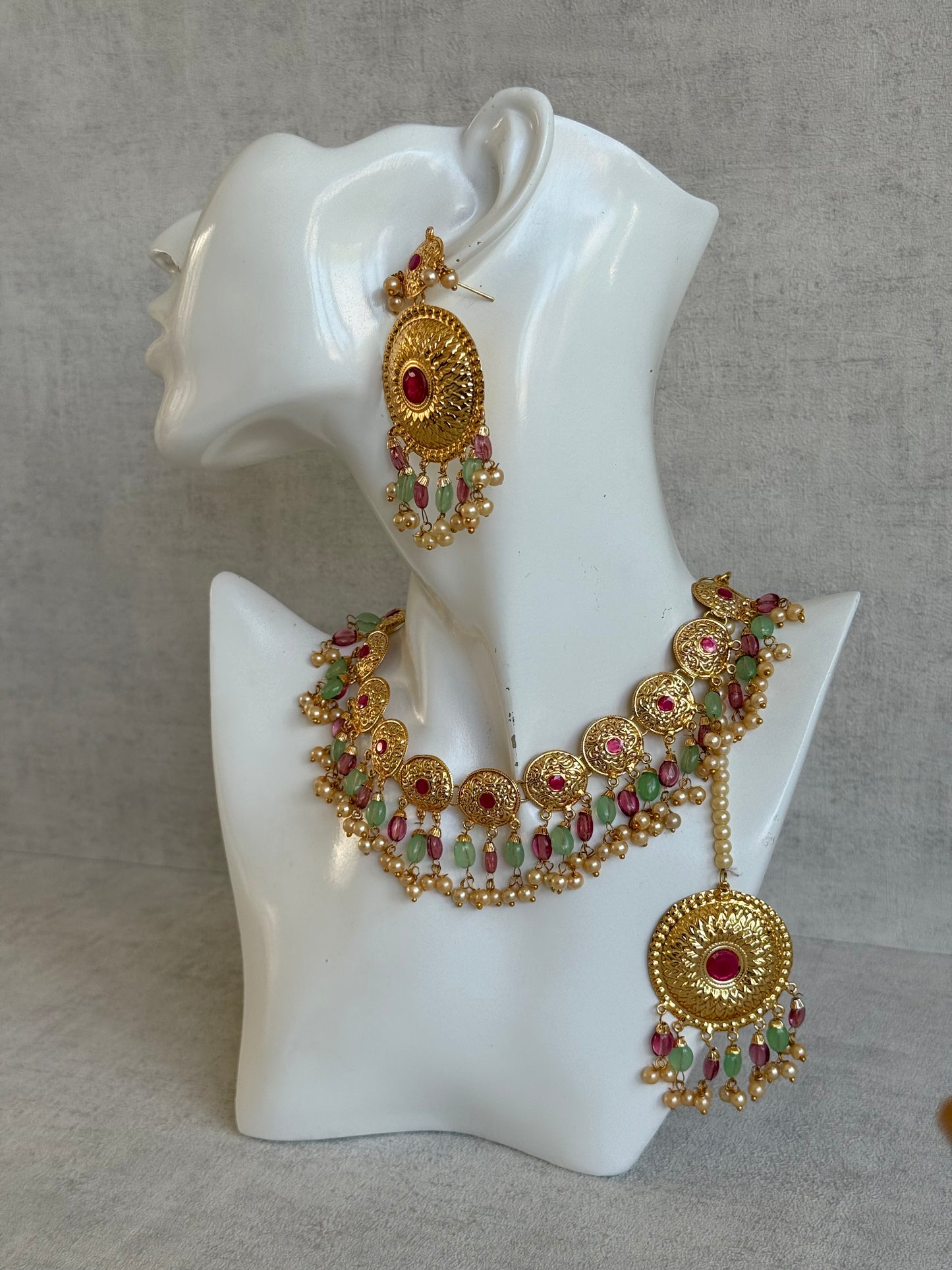 Ayura Designs Jyoti Set with Earrings & Tikka – Gold Disc Necklace with Ruby Pink, Mint Green & Pearl Detailing