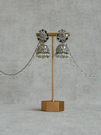 Ayura Designs Mira Jhumkis – Silver Mirror-Cut Earrings with Detachable Single-Layer Pearl Sahare