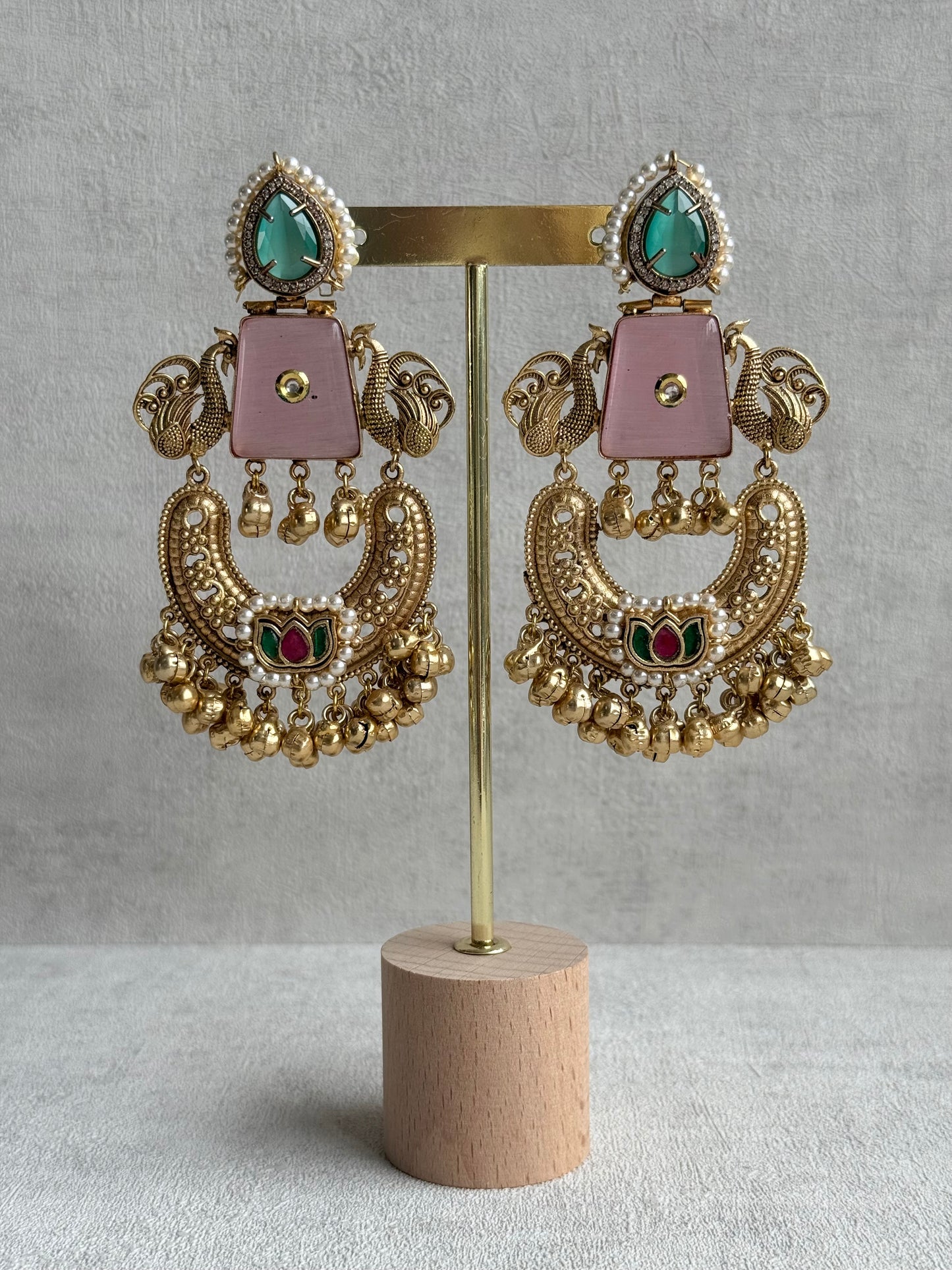 Ayura Designs Sahar Earrings – Statement Earrings with Blush Pink Stone, Mint Green Accents & Ghungroo Detailing