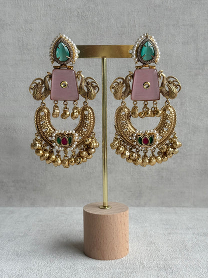 Ayura Designs Sahar Earrings – Statement Earrings with Blush Pink Stone, Mint Green Accents & Ghungroo Detailing