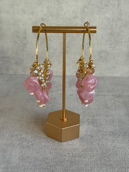 Ayura Designs Heer Balis – Gold Hoops with Baby Pink Marble Beads, Pearls & Crystal Detailing