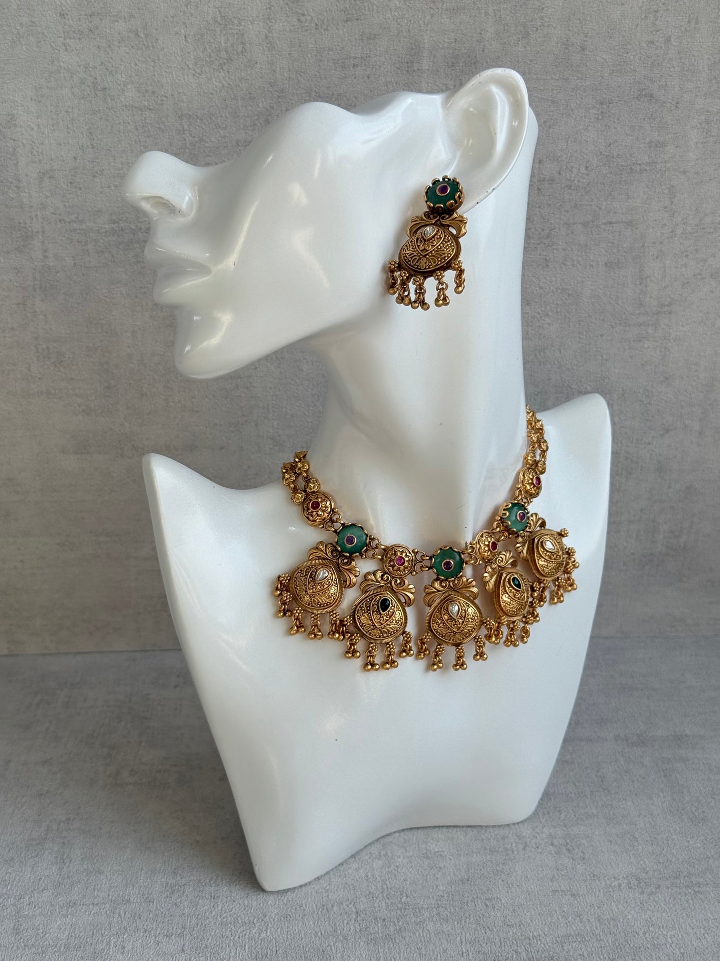 Ayura Designs Alera Set with Necklace & Earrings – Peacock Green and Rani Pink with Antique Gold Ghungroo Detailing