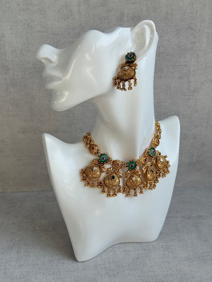 Ayura Designs Alera Set with Necklace & Earrings – Peacock Green and Rani Pink with Antique Gold Ghungroo Detailing