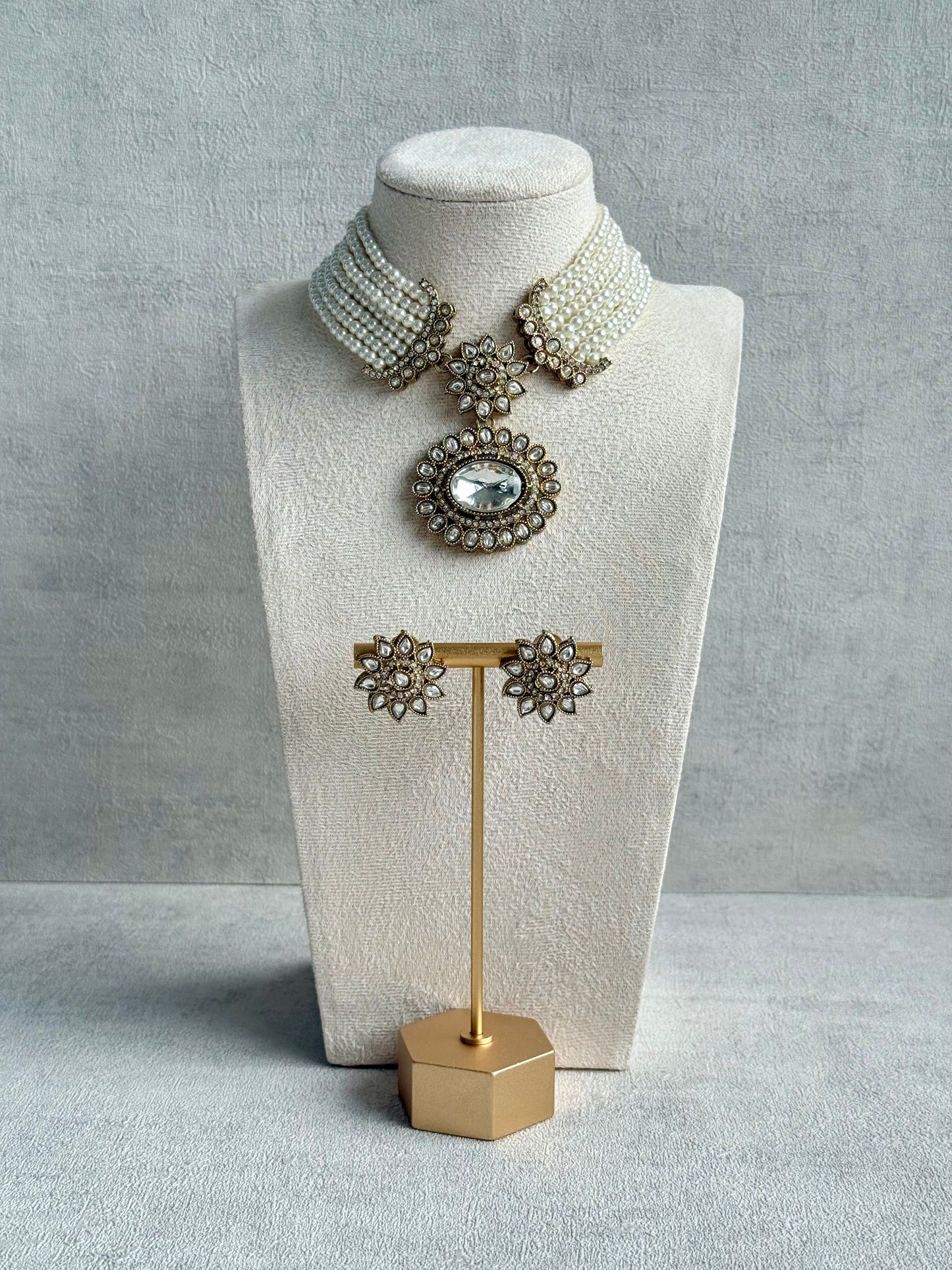 Ayura Designs Amaya Necklace Set with Studs – Antique Finish in Crystal Stones with Pearl Strands