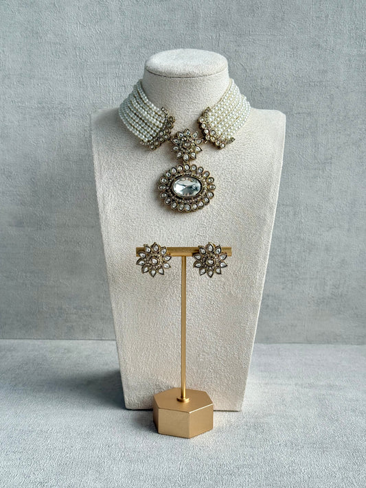 Ayura Designs Amaya Necklace Set with Studs – Antique Finish in Crystal Stones with Pearl Strands