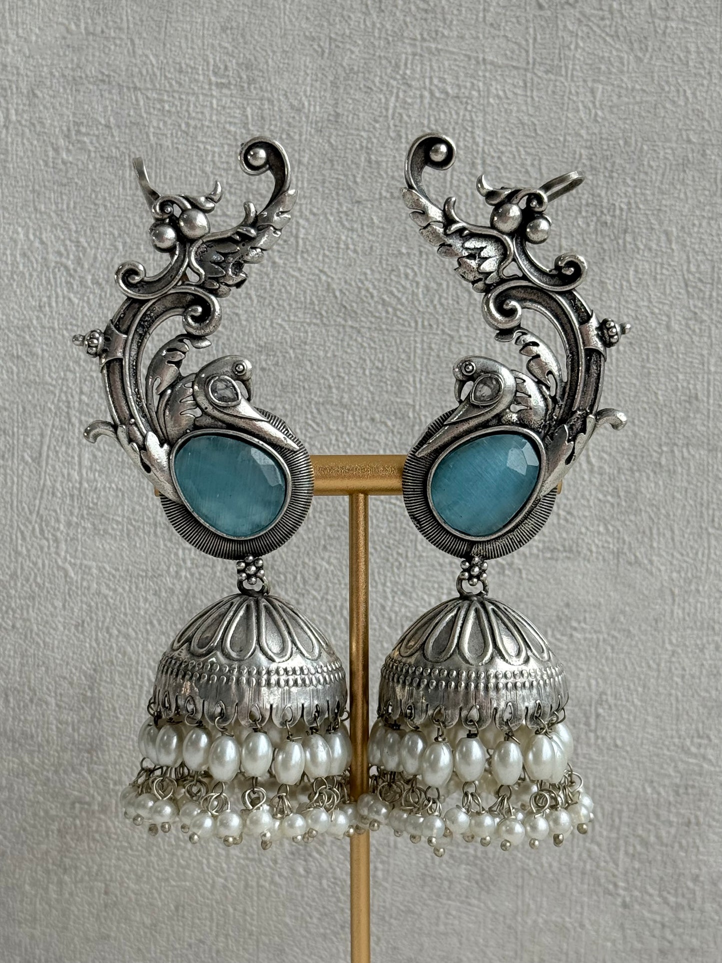 Ayura Designs Manzil Earrings – Oxidised Silver Ear Cuff Jhumkis with Aqua Stones & Pearl Detailing