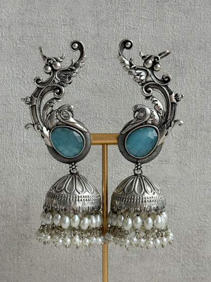 Ayura Designs Manzil Earrings – Oxidised Silver Ear Cuff Jhumkis with Aqua Stones & Pearl Detailing