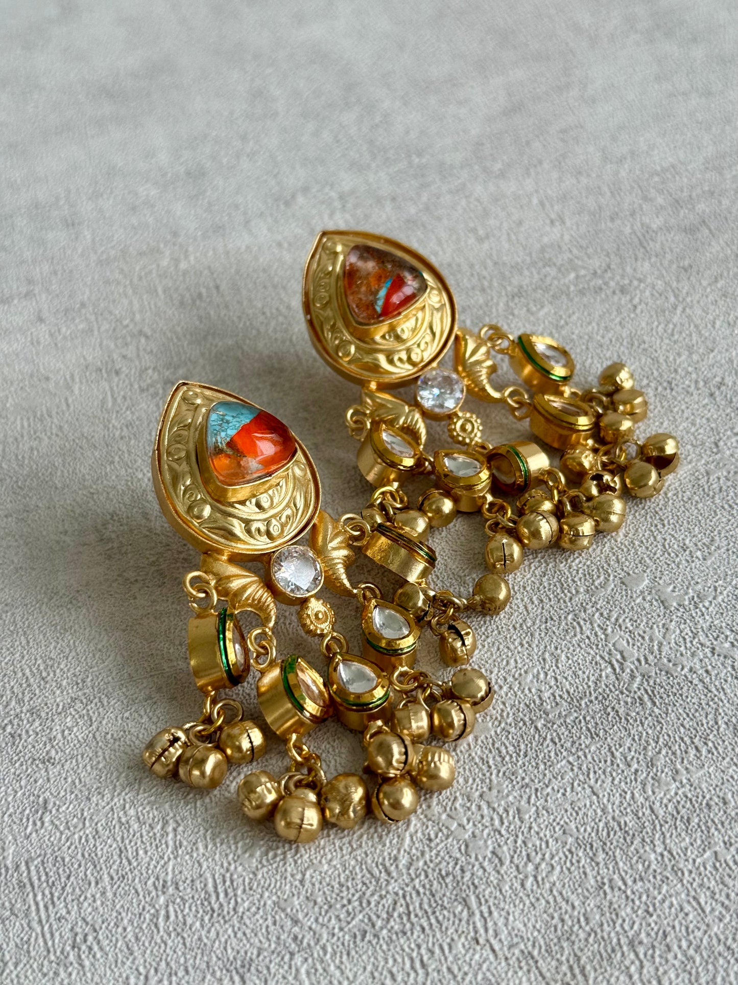 Ayura Designs Arheer Earrings – Orange & Turquoise Marble with Kundan Detailing & Antique Gold Ghungroos