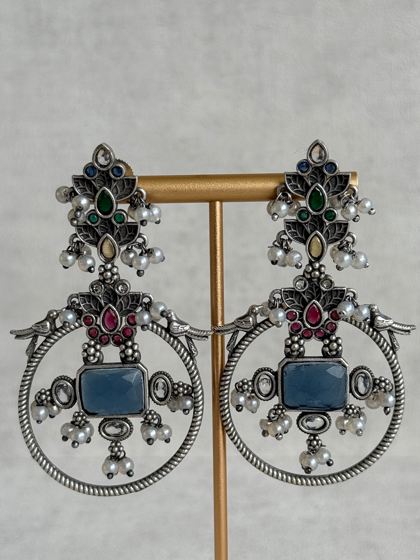 Ayura Designs Katha Earrings – Oxidised Statement Earrings with Multicolour Stonework & Pearl Detailing